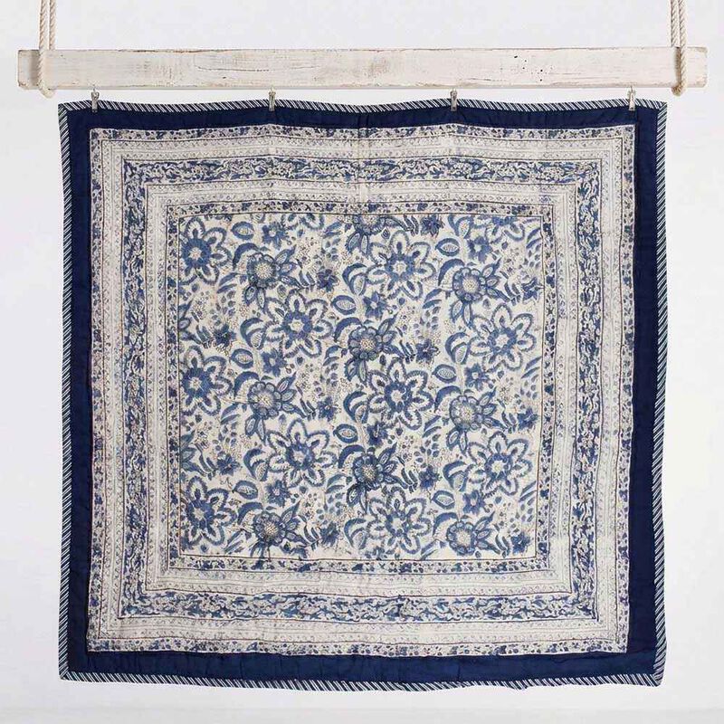 Powell Craft Queen Quilt Royal Blue & White Floral 265x220cm image number 1